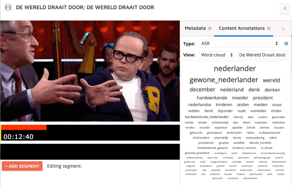 Screenshot of a word cloud on the level of an individual programme in the Media Suite, to assist 'close reading'. Clicking on a term takes the viewer to that fragment in the programme 